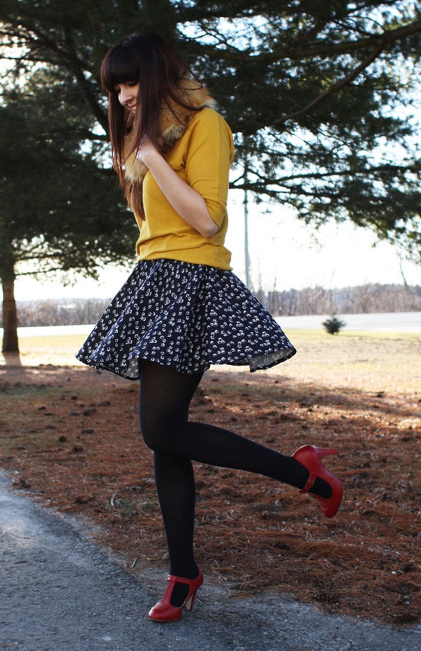 Brunette Teenage Girl wearing Black Opaque Pantyhose and Blue Cotton Mini Skirt